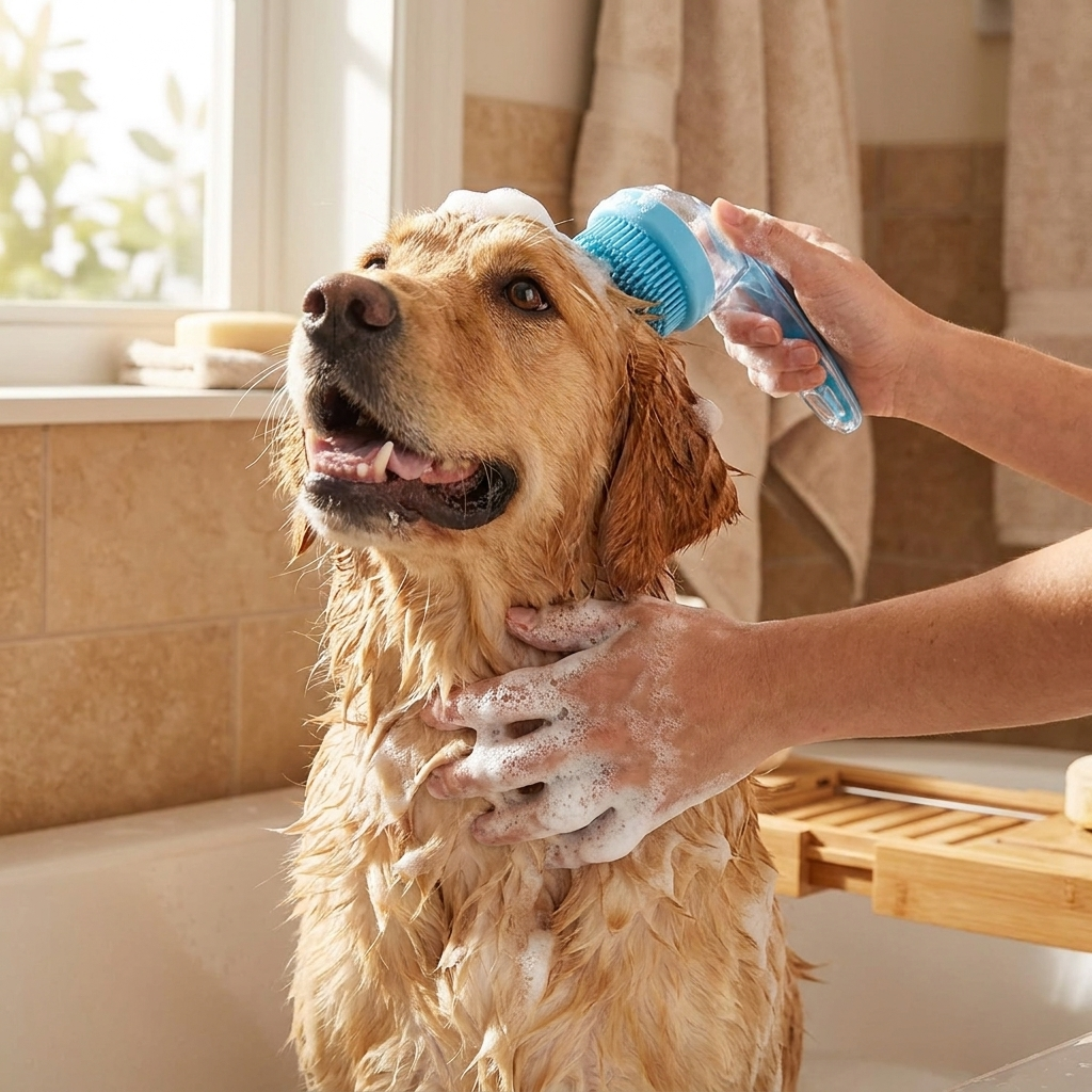 Perro disfrutando del baño con el cepillo PawCareShop