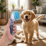 Cepillo de baño sostenido en la mano junto a un perro - tamaño real