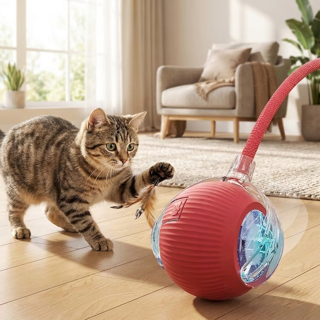 Gato jugando con la pelota rodante