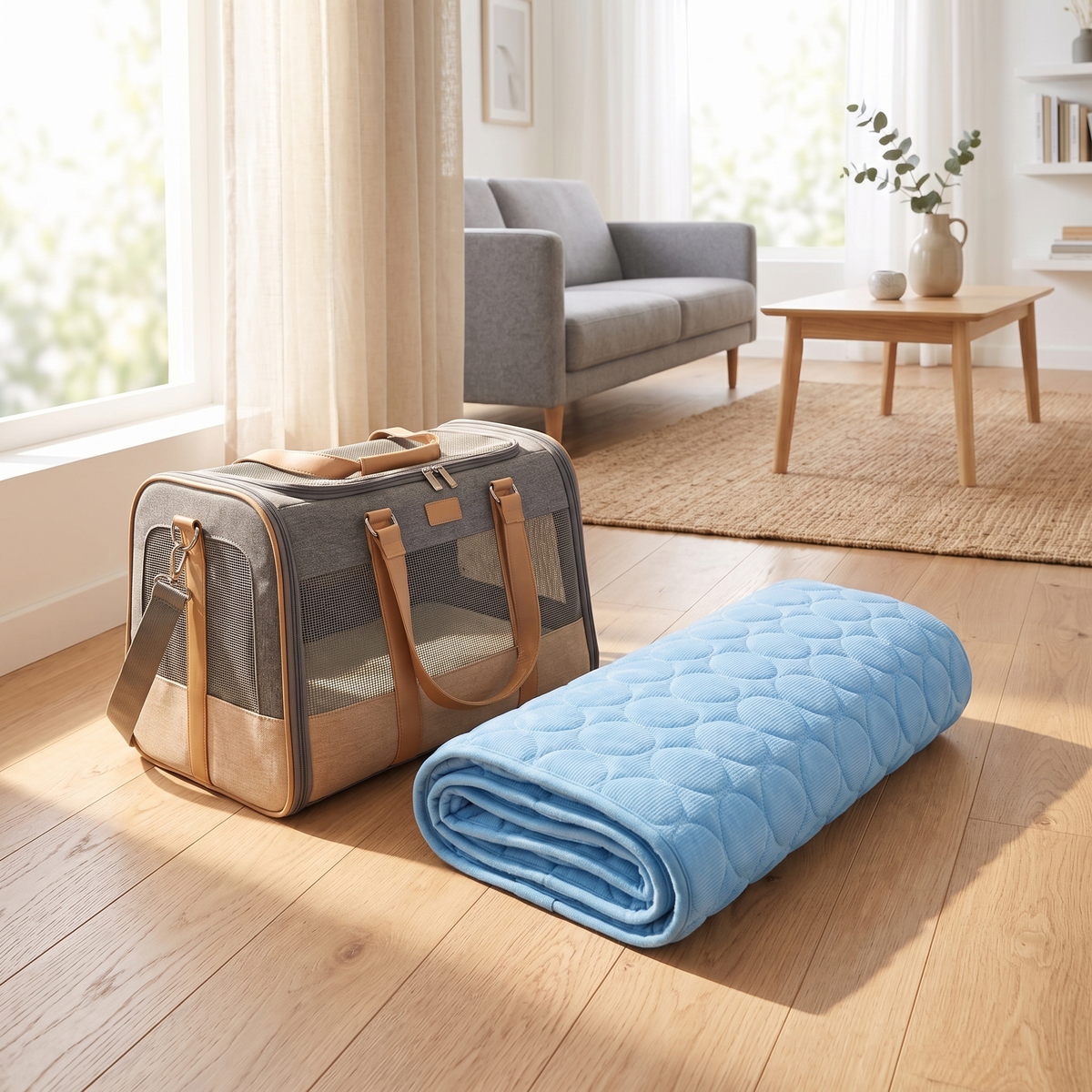Alfombrilla plegable y portátil junto a transportín